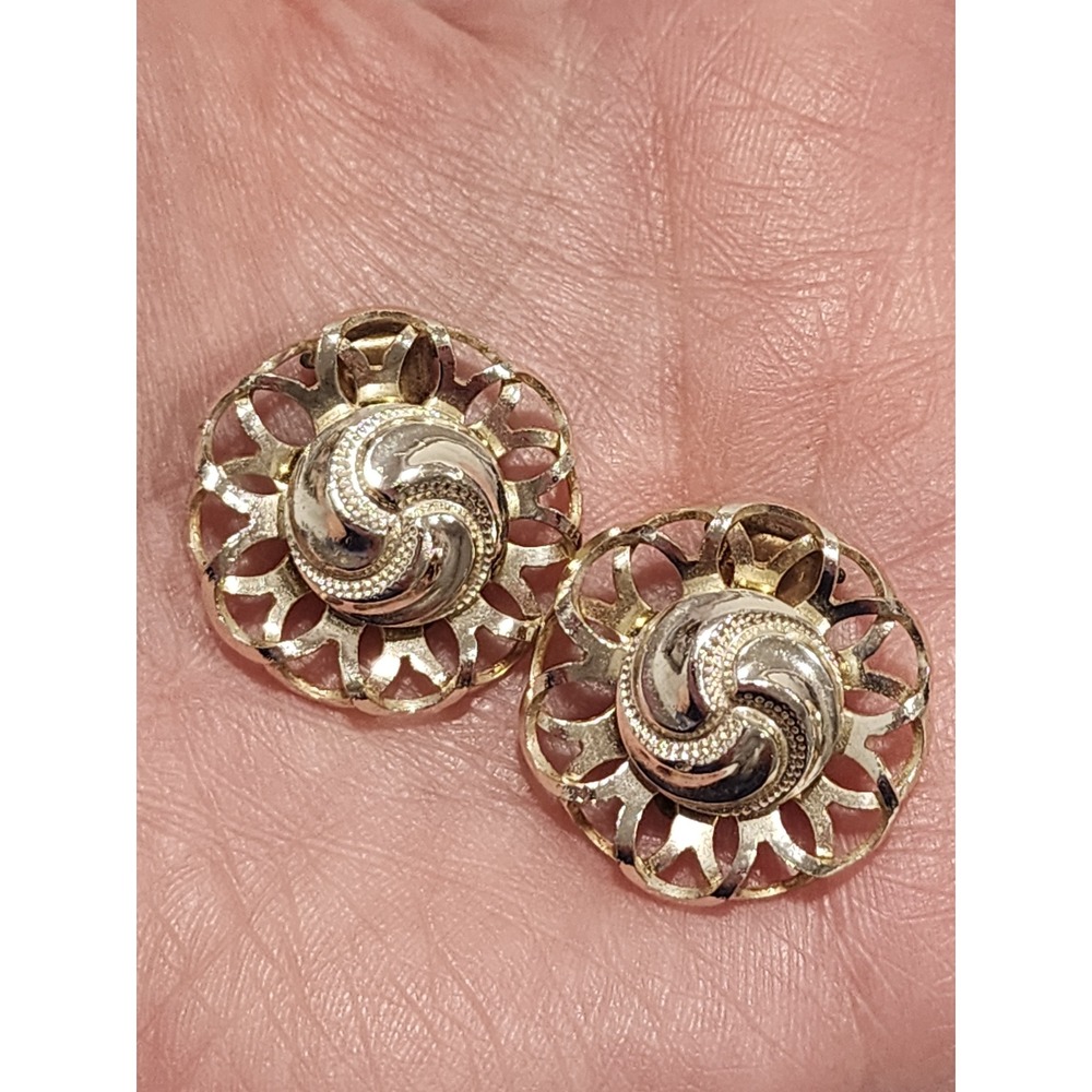 Vintage W Germany Silver Tone Filigree Swirl Round Clip On Earrings 40s-50s